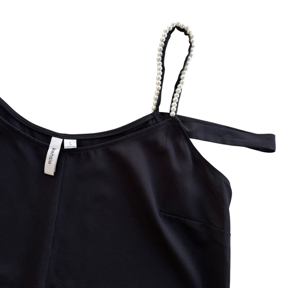 Kensie Women's L Black Cold Shoulder Pearl Strap Top Tank Sleeveless Blouse Chic